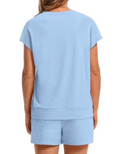 Image of WIHOLL Two Piece Sets for Women Summer Crew Neck Lounge Short Sets Cap Sleeve Drawstring Sweatsuit with Pocket