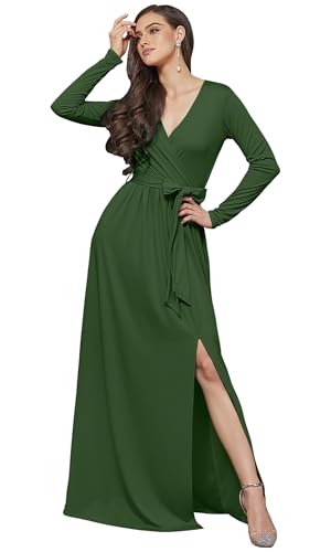 Image of KOH KOH Womens Long Sleeve V-Neck High Slit Cocktail Evening Gown Maxi Dress