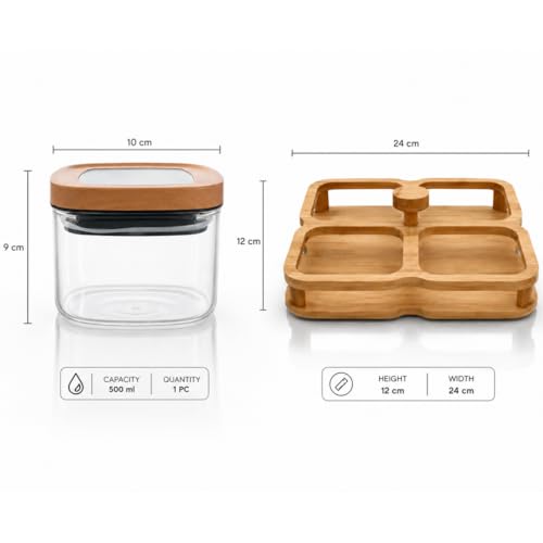Image of Borosilicate Glass Storage Jars Set of 4 with 360 Rotating Bamboo Tray, 500ml Airtight Square Glass Containers with Wooden Lids, Dry Fruit, Nuts, Snack,Spice Organizer for Kitchen Counter