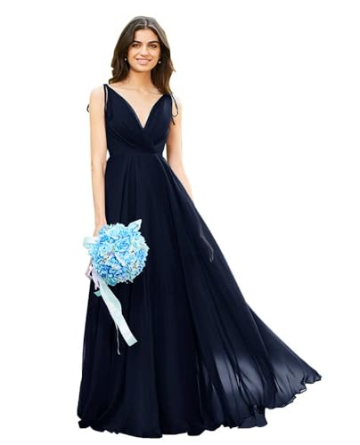 Image of HSFIYAKJ Bridesmaid Dresses Long Chiffon Formal Dress Open Back V Neck Evening Prom Gown for Women with Pockets
