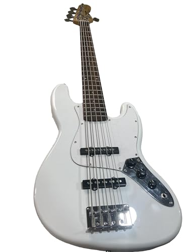 Guitare basse blanche à 5 cordes en bois de tilleul avec un accastillage chromé brillant