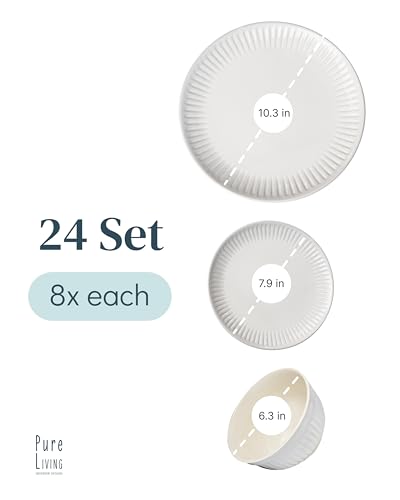 Image of Stoneware Dinnerware Set for 8 People HYGGE 24-Piece - Elegant Scandi Design - Premium Dish Set - Bowl and Plate Set - Tableware for 8 People in a Ribbed Design - Pure Living in White