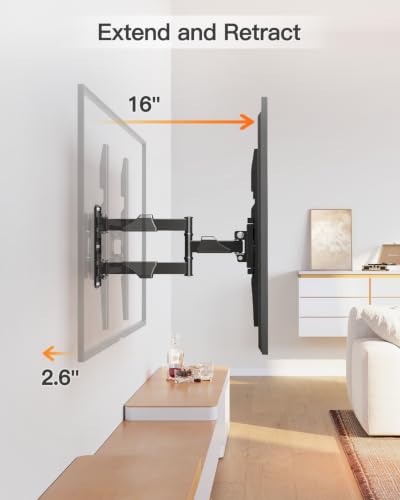 Image of ELIVED Full Motion TV Wall Mount for 26-60 inch TVs, Max VESA 400x400, 77 lbs. | 7 up & 10 down tilt, ±90 swivel, single stud structure, flexible for corner TV installation