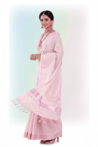 Image of Women's Kerala Tissue Plain Saree with Running Blouse| Onam & Vishu Kani Special | Traditional Kasavu White Colour