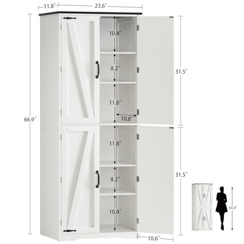 Image of TEENFON Tall Pantry Cabinet, Kitchen Cabinet with 4 Shelves, Adjustable Shelves, Pantry Cabinets with 4 Barn Doors, Tall Kitchen Cabinets for Dining Room, Living Room, White