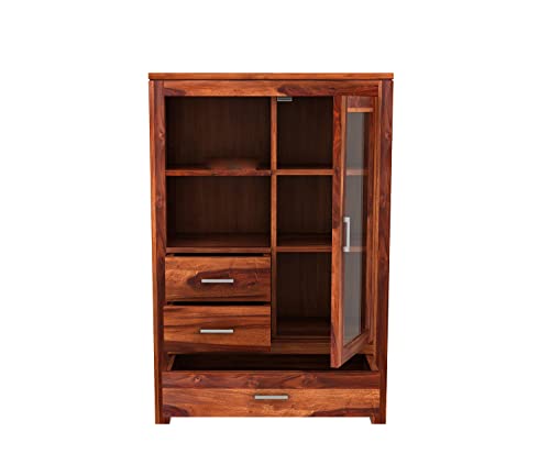 Image of Krishna Wood Decor Wood Book Shelf for Home Library|Wooden Bookshelf Cabinet with Acrylic Glass Door Drawer Storage|Home Kitchen Furniture| Crockery Cabinet|Books Rack for Shelves|Bookcases,Honey