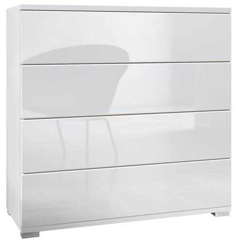 Vladon Kommode Pavos V3, Sideboard mit 4 Schubladen Weiß matt/Weiß Hochglanz (76 x 76 x 35 cm)