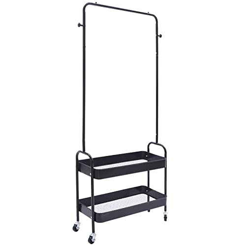 YIYIBYUS Clothes Rack Clothing Rack With 2 Tier Metal Basket, Garment Rack Rolling Storage Cart Clothes Organizer Coat Rack Storage Stand On Wheels, For Home Bedroom Laundry (BLACK)