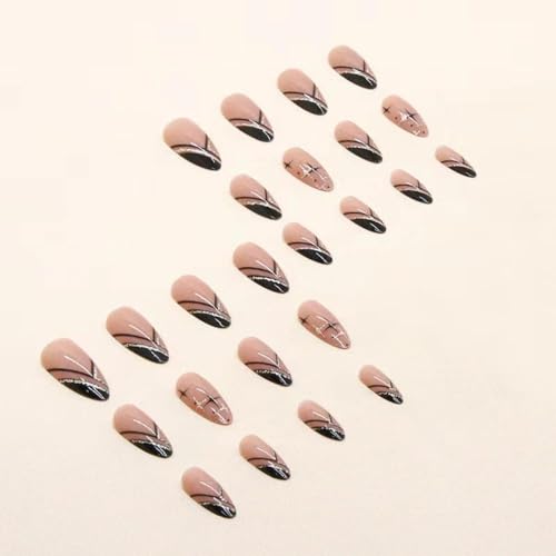 Image of French Tip Press on Nails Medium Almond Fake Nails Black Gold Line False Nail with Design Star Glue on Nails Glossy Artificial Acrylic Nail Press ons Full Cover Stick on Nail for Women Manicure 24PCS