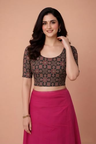 Image of Amazon Brand - Anarva Women's Kalamkari Print Cotton Stretchable Round Neck Readymade Saree Blouse