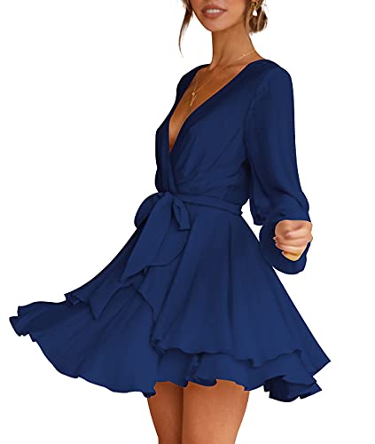 Cosonsen Women's Dress Deep V-Neck Long Sleeve Waist Tie Ruffle Mini Swing Skater Dresses