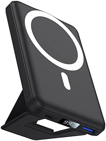 AOGUERBE Magnetic Power Bank, 10000mAh Foldable Wireless Portable Charger with USB-C Cable LED Display, Mag-Safe Battery Pack 22.5W PD Fast Charging for iPhone 14/13/12 Pro/Pro Max/Plus/Mini, Black