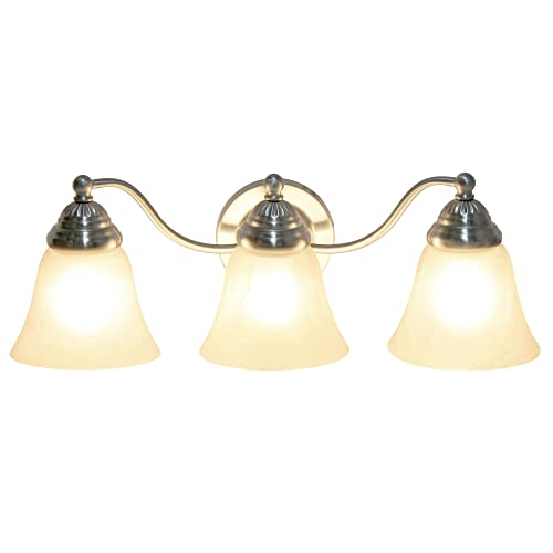 Image of Simple Designs VT1023-BSN 19.25 inch Classic 3 Light Winding Metal and Frosted Marble White Bell Shape Glass Shades Decorative Wall Mounted Vanity Fixture For Bathroom, Entryway, Hallway, Brushed Nickel
