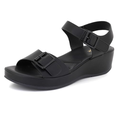 AARZ LONDON Womens Buckle Strap Wedge Sandals Comfortable Slip-On Adjustable Summer Casual Everyday Holiday Ladies Black Shoes Size 3 UK 36 EU