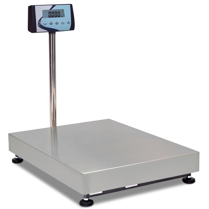 MBH – Balanza industrial de plataforma inox 500 x 400 mm con columna y pantalla LCD para hostelería. Báscula profesional capacidad 150 kg/resolución 20 g para industria y comercio.