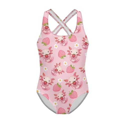 Image of Girls One Piece Swimsuit Axolotl Cross Back Straps Bathing Suit Lightweight Quick Dry Gymnastics Leotard