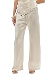 Seyurigaoka Satin Silk Wide Leg Dress Pants for Women Low Rise Baggy Pants Y2K Holiday Party Long Flowy Trousers (Solid Beige, L)
