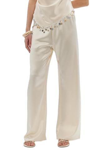 Seyurigaoka Satin Silk Wide Leg Dress Pants for Women Low Rise Baggy Pants Y2K Holiday Party Long Flowy Trousers (Solid Beige S)