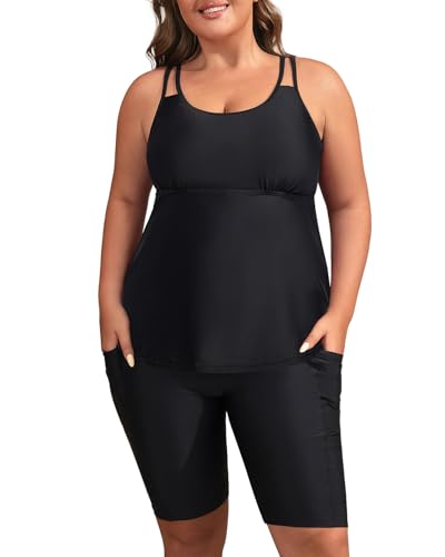 Plus Size Tankini Swimsuits - Athletic Two Piece Bathing Suits with Short for Women Swimwear with Pockets