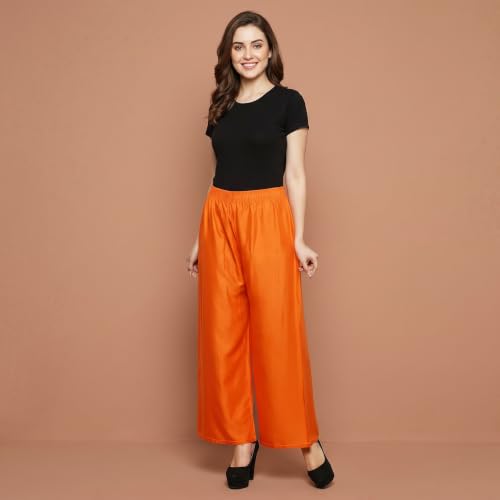 Image of FASHION GALLERY Women's Solid Rayon Palazzo Pants | Relaxed Fit Full Length Wide Leg Palazzo | Elastic Waist Comfortable Casual Lounge Office Ethnic Flared Trousers for Women