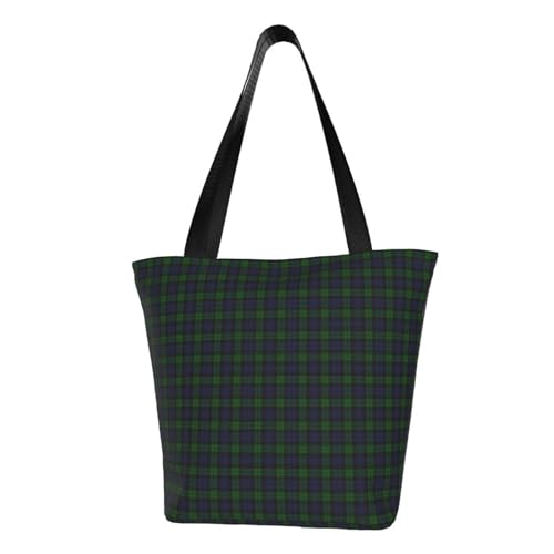 Black Watch Tartan Plaid Reusable Zippered Shoulder Bag, Stylish Polyester Tote With Wide Handle & Inner Pocket, Lightweight Durable Shopping & Travel Bag