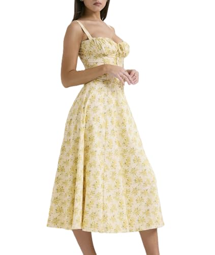 Image of Women's Corset Dresses Floral Print Boho Flowy Slit Dress Casual Midi Beach Sundress Vacation Outfits