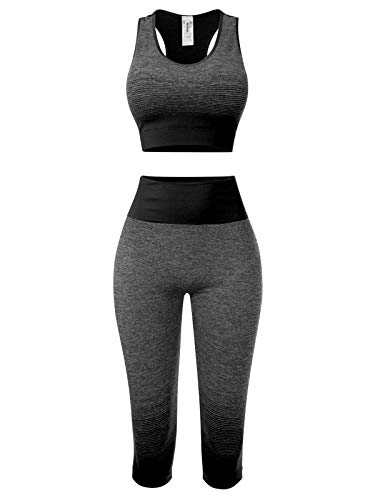 MixMatchy Women's Two-Piece Sports Bra + Capri Leggings Gym Yoga Wear Set Black