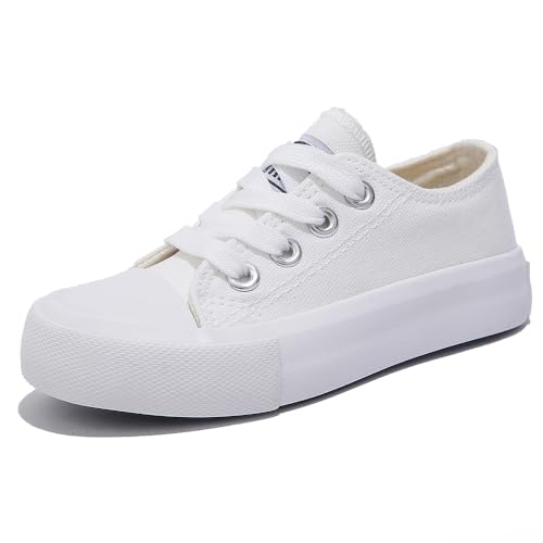 Girls and Boys Low Top Comfortable Canvas Kids Lace up Sneakers White