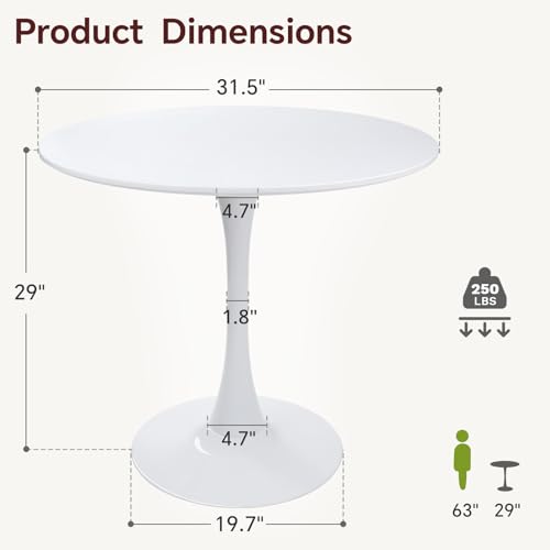 Image of Round Dining Table 31.5 inch White Tulip Table with Pedestal Base for 2-4 People Small Space - Kitchen Living Room Cafe