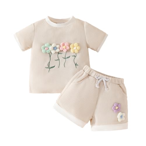 LUVCES Conjunto Ropa de Verano para Niña Manga Corta con Flores 3D Camiseta y Pantalones Cortos 2 Piezas Bonito Conjunto de Gofres para Bebé Albaricoque 3 4 Años