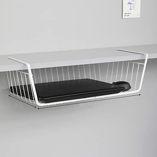 Image of Wolpin Shelf Basket Multifunctional Storage Basket Kitchen Bathroom Storage Rack Under Cabinet Storage Organizer Basket Wire Rack Powder Coated Iron (White, Pack of 1, Hanging Shelves)