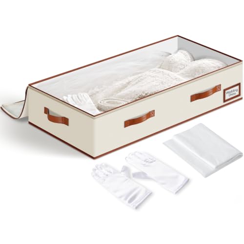 Wedding Dress Storage Box, 70L Large Wedding Dress Preservation Box with 30 Sheets Acid-Free Tissue Paper & Handling Gloves, Foldable Bridal Gown Storage Box for Under Bed & Closet, 16.6x32.7x7.9in