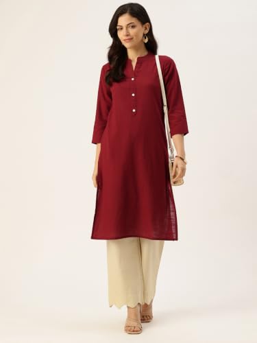 Image of feranoid Women's Plain Cotton Kurta with Mandarin Collar, 3 /4 Sleeves & Pocket