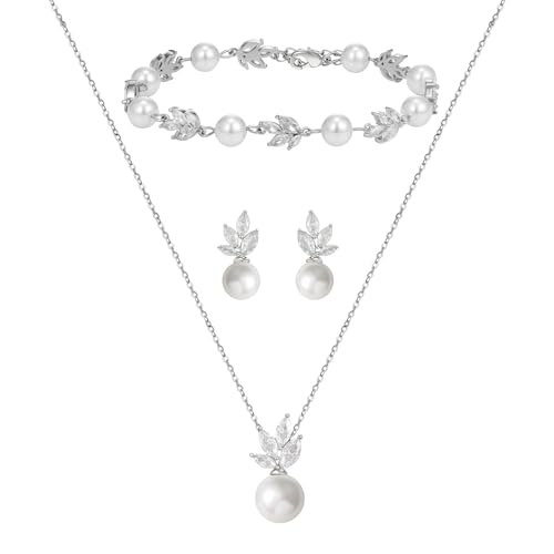 SWEETV Bridal Jewelry Set for Wedding, Cubic Zirconia Pearl Floral