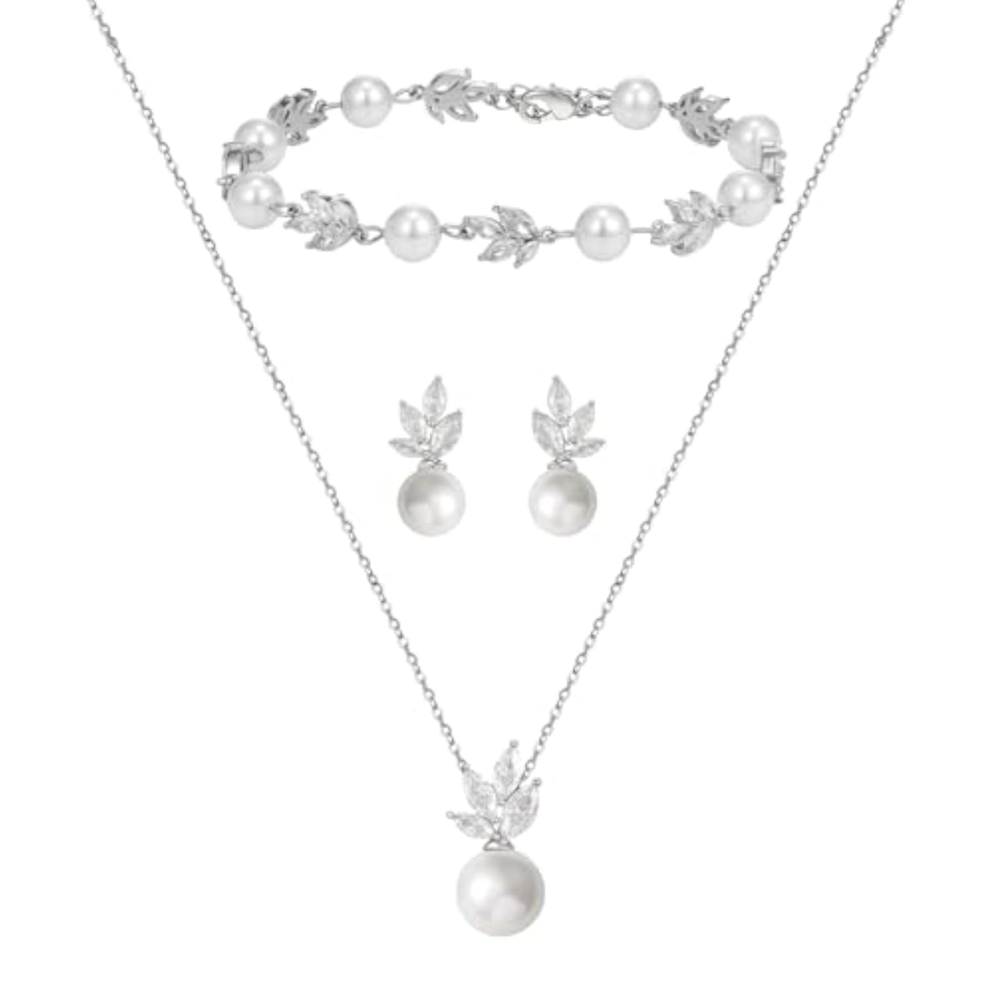 Bridal Cubic Zirconia Pearl Necklace Bracelet Earrings Set