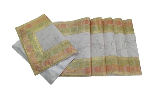 Image of Brocade Silk Placemats for Dinning Table 12 x 18 Inches Hand Embroidered, Set of 6 Decorative Placemats for Home (White)
