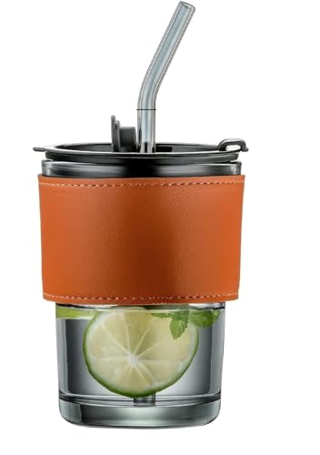 Image of Glass Mug with Bamboo Lid and Straw, 510ml, for Cold Drinks, Smoothies, Coffee(Pack of 1) (Personalized Glass Mug with Leather Sleeve)