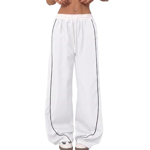 Image of Women's Baggy Loose Fit Wide Leg Track Pants | Elastic Waist Drawstring Casual Lounge Trousers with Side Stripe and Pockets