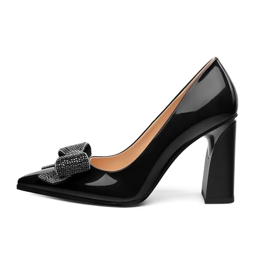 Womens Chunky Block High Heels Patent Closed Pointed Toe Bow Pumps Slip on Heels Wedding Party Dress Shoes 3.5IN Black Patent Size 102