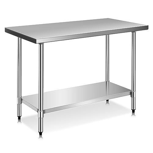 GIANTEX Tavolo da lavoro in acciaio inox a 2 livelli, tavolo da cucina in acciaio inox con ripiano regolabile in altezza, tavolo per la preparazione degli alimenti, piedini regolabili, 122x61x89 cm