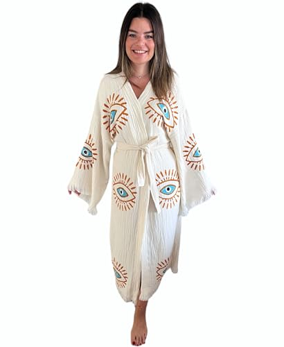 Handmade Evil Eye Kimono - Women Beach Cover Up - Festival Bohemian Robe - Boho Cotton Cardigan - Dressing Gown4