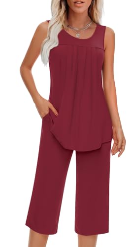 Image of Findsweet Women Pajamas Sets Loungewear Soft Sleepwear Two Piece Summer Sleeveless Pjs Tank Top Pants with Pocket S-4XL