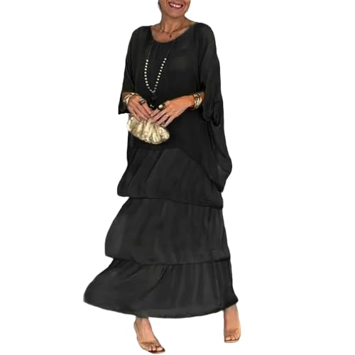 Vestido Suelto de Estilo artístico, Vestidos Largos de Verano de Talla Grande con Cuello Redondo y Manga (XX-Large,Black)