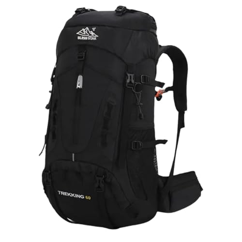 Bless Star Mochila de Trekking 60 Litros, para Camping, Trilha e Viagem, com Capa de Chuva, Masculina e Feminina (Preto)