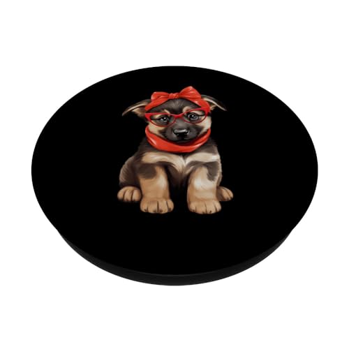 German Shepherd Wearing Red Glasses And Headband Bandana PopSockets Swappable PopGrip, Black - Image 2