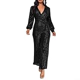 Modischer Damen Pailletten Jumpsuit mit langen Ärmeln für Herbst Winter Versammlungen (M Schwarz)