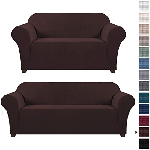 PrinceDeco Stretch Loveseat Cover Bundles Sofa Slipcover, Furniture Protector, Plaid Pattern, Removable and Washable， Brown