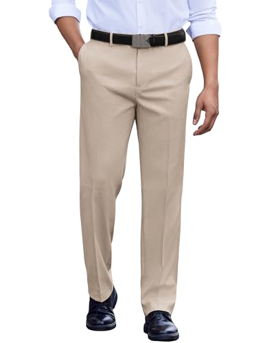 COOFANDY Mens Classic Casual Dress Pants Expandable Waist Suit Pant for Men Flat Front Slacks Light Khaki