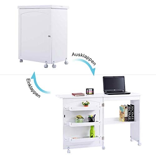 FANTASK Mesa de Costura Plegable 2 en 1 de Madera con 3 estantes para bobinas y Ruedas con Bloqueo, Color Blanco