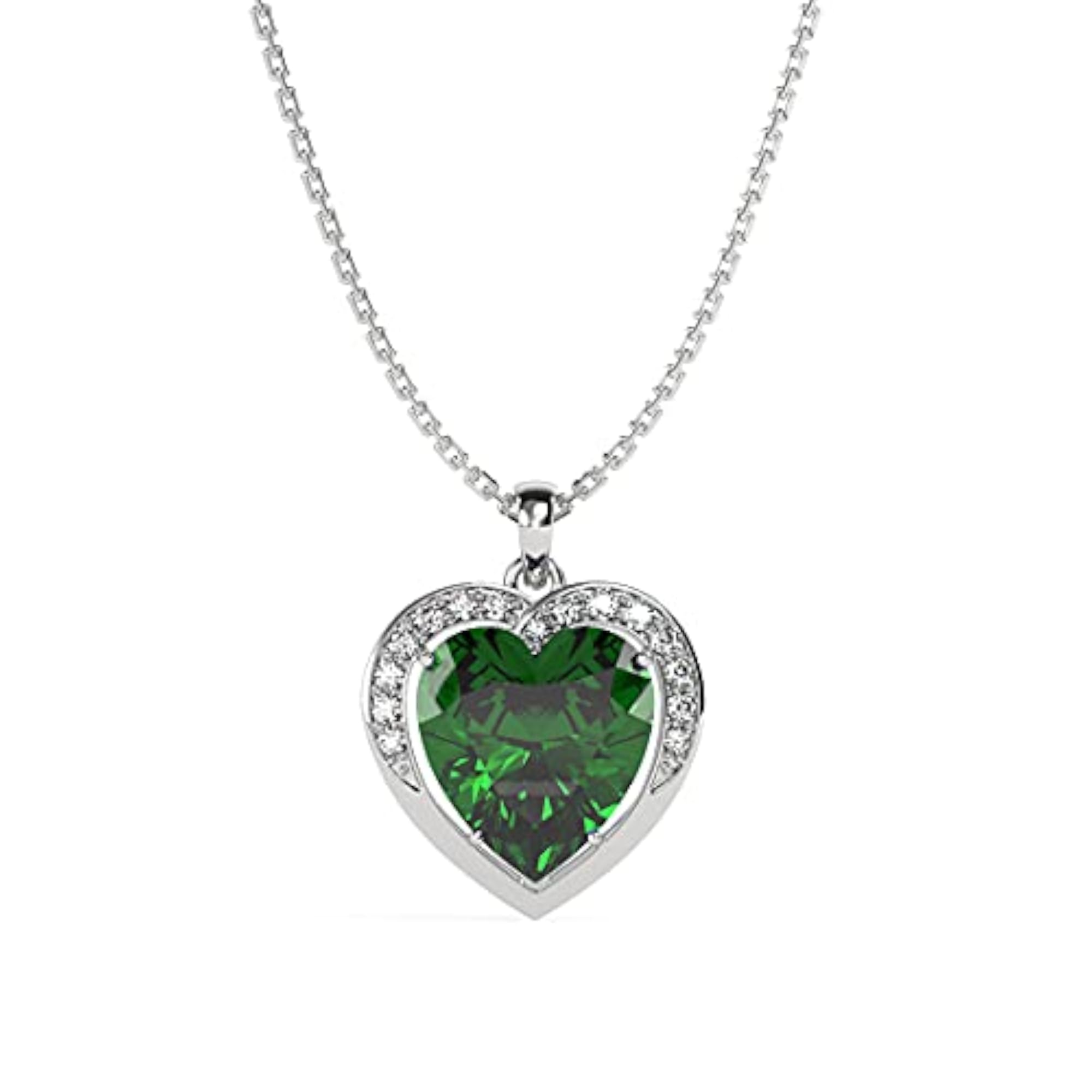 925 Sterling Silver Dark Green Heart Pendant Earring Chain Set